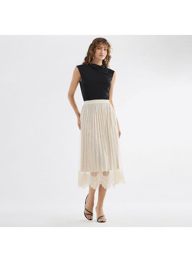 Lace Detail Pleated Asymmetric Midi Skirt