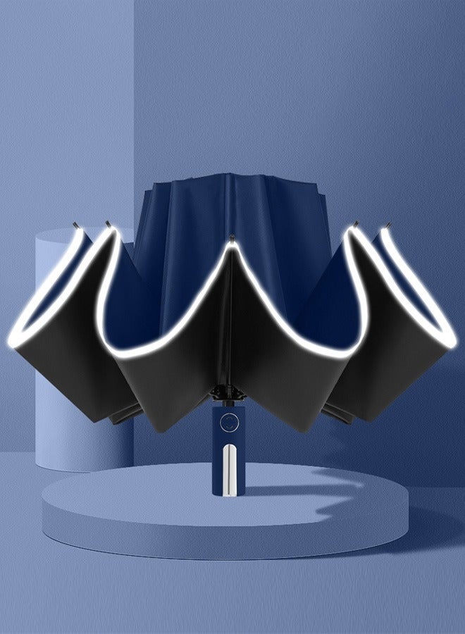 One Button Automatic Windproof Rainproof Portable Folding Reverse Umbrella For Adults Dark Blue
