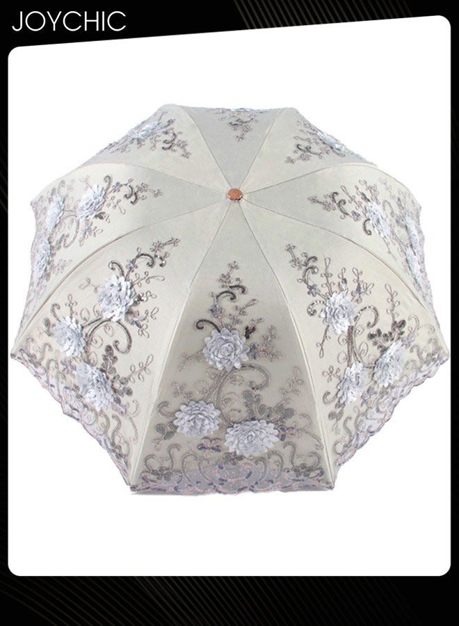Women Fashion Portable Folding Lace Embroidery Anti-UV Sun Windproof Travel Umbrella Grey