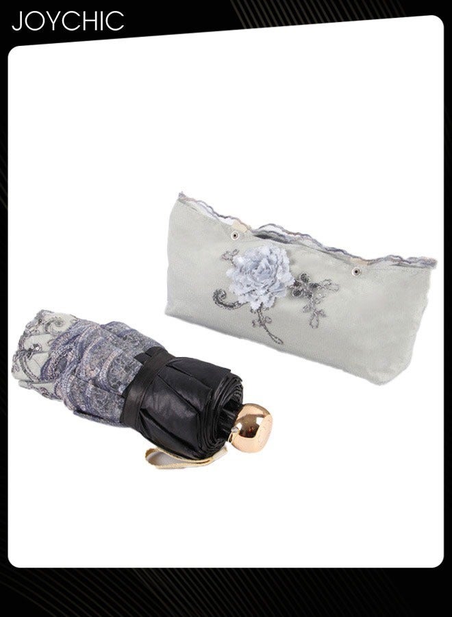 Women Fashion Portable Folding Lace Embroidery Anti-UV Sun Windproof Travel Umbrella Grey