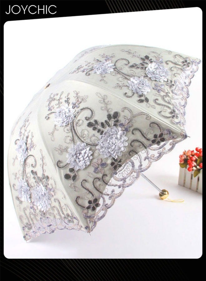 Women Fashion Portable Folding Lace Embroidery Anti-UV Sun Windproof Travel Umbrella Grey