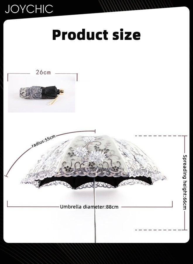 Women Fashion Portable Folding Lace Embroidery Anti-UV Sun Windproof Travel Umbrella Grey