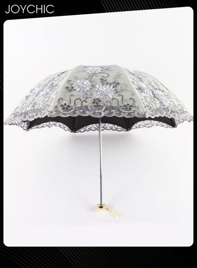 Women Fashion Portable Folding Lace Embroidery Anti-UV Sun Windproof Travel Umbrella Grey