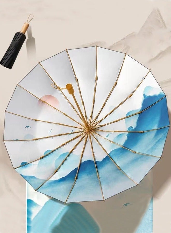 Women 16 Ribs Retro UPF50+ UV Protection Wind Resistant Travel Umbrella Black/Blue