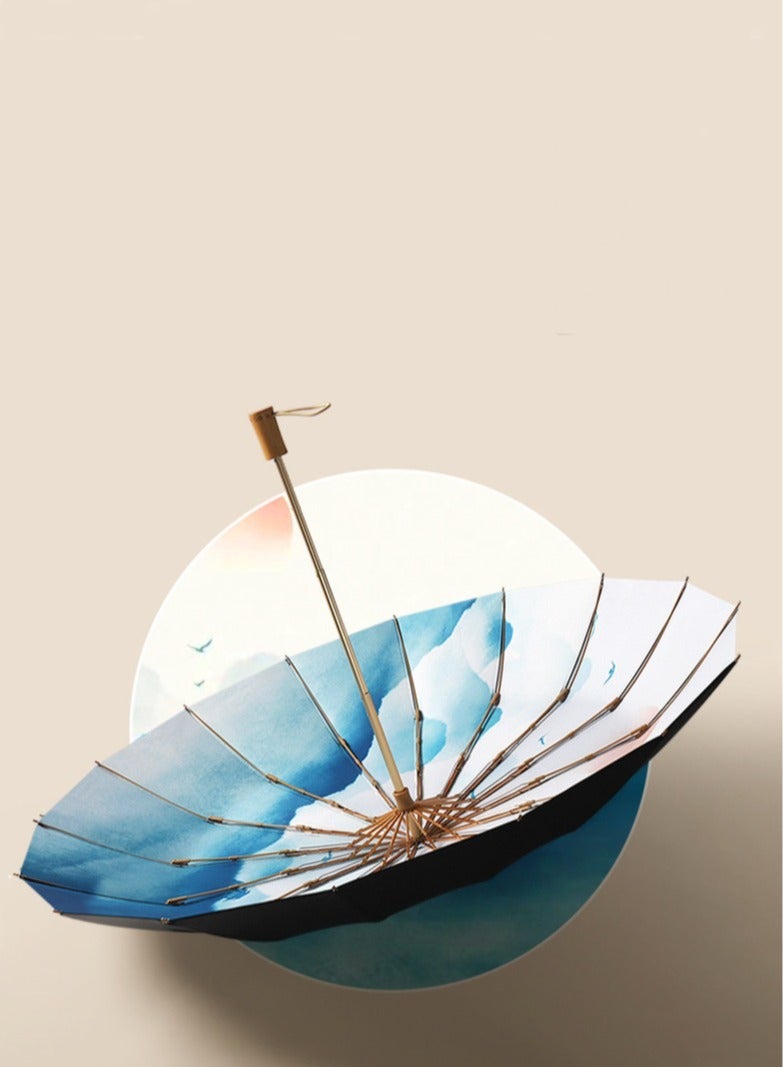 Women 16 Ribs Retro UPF50+ UV Protection Wind Resistant Travel Umbrella Black/Blue