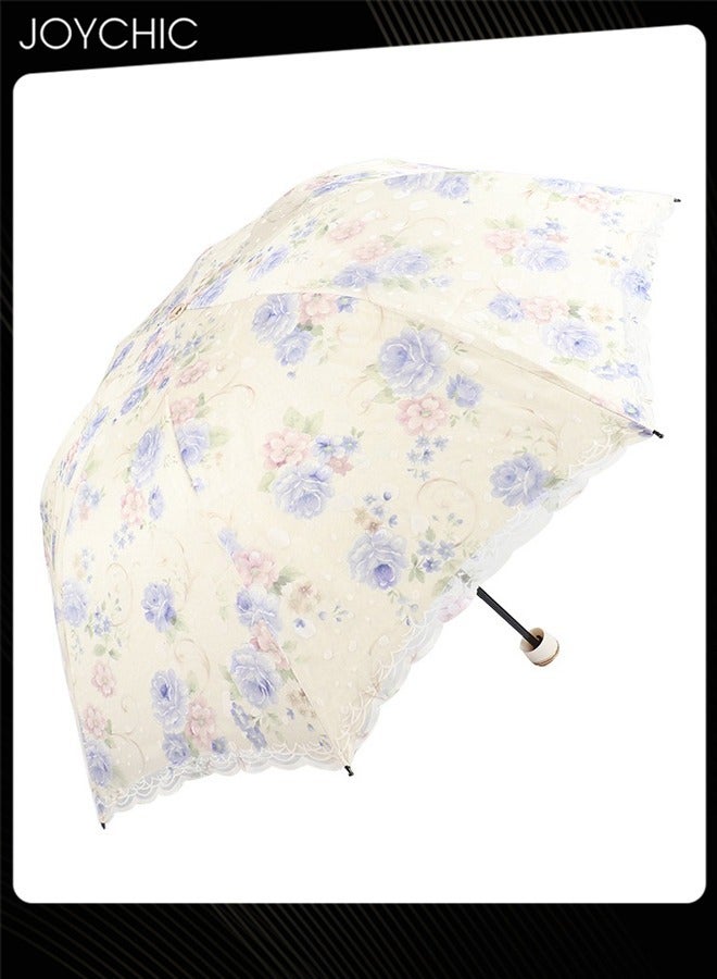 Fashionable Lace Print UPF 50+ UV Protection 8 Ribs Umbrella For Women Ladies Blue
