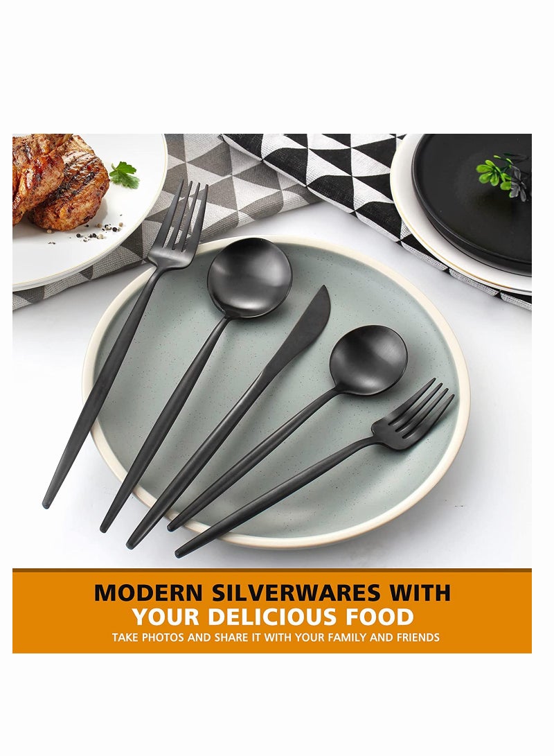 5 Piece Matte Black Stainless Steel Flatware Set Stylish Kitchen Utensils Dishwasher Safe Cutlery Service for One Satin Finish