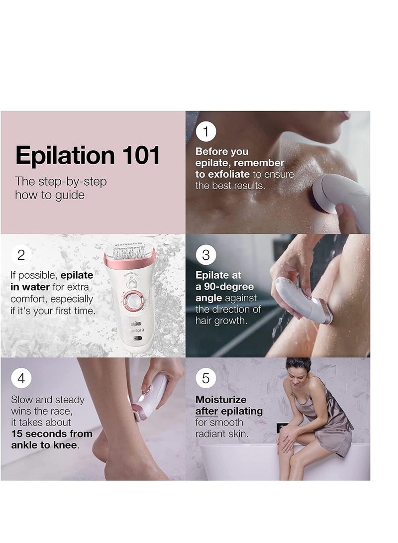 Silk-epil 9 9-890, Facial Hair Removal for Women, Hair Removal Device, Bikini Trimmer, Womens Shaver Wet & Dry, Cordless and 7 Extras