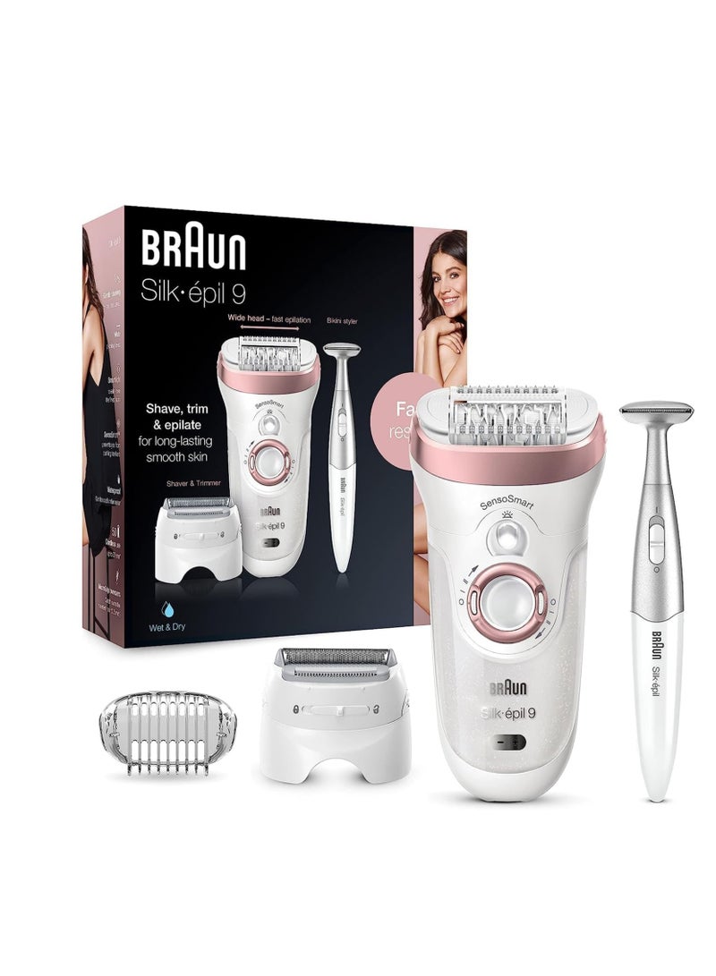 Silk-epil 9 9-890, Facial Hair Removal for Women, Hair Removal Device, Bikini Trimmer, Womens Shaver Wet & Dry, Cordless and 7 Extras