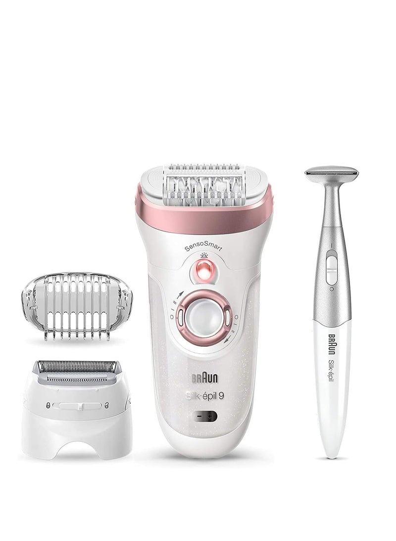 Silk-epil 9 9-890, Facial Hair Removal for Women, Hair Removal Device, Bikini Trimmer, Womens Shaver Wet & Dry, Cordless and 7 Extras