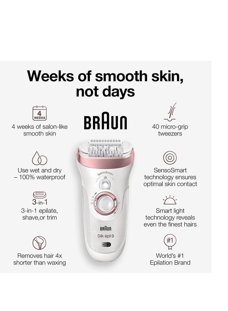 Silk-epil 9 9-890, Facial Hair Removal for Women, Hair Removal Device, Bikini Trimmer, Womens Shaver Wet & Dry, Cordless and 7 Extras