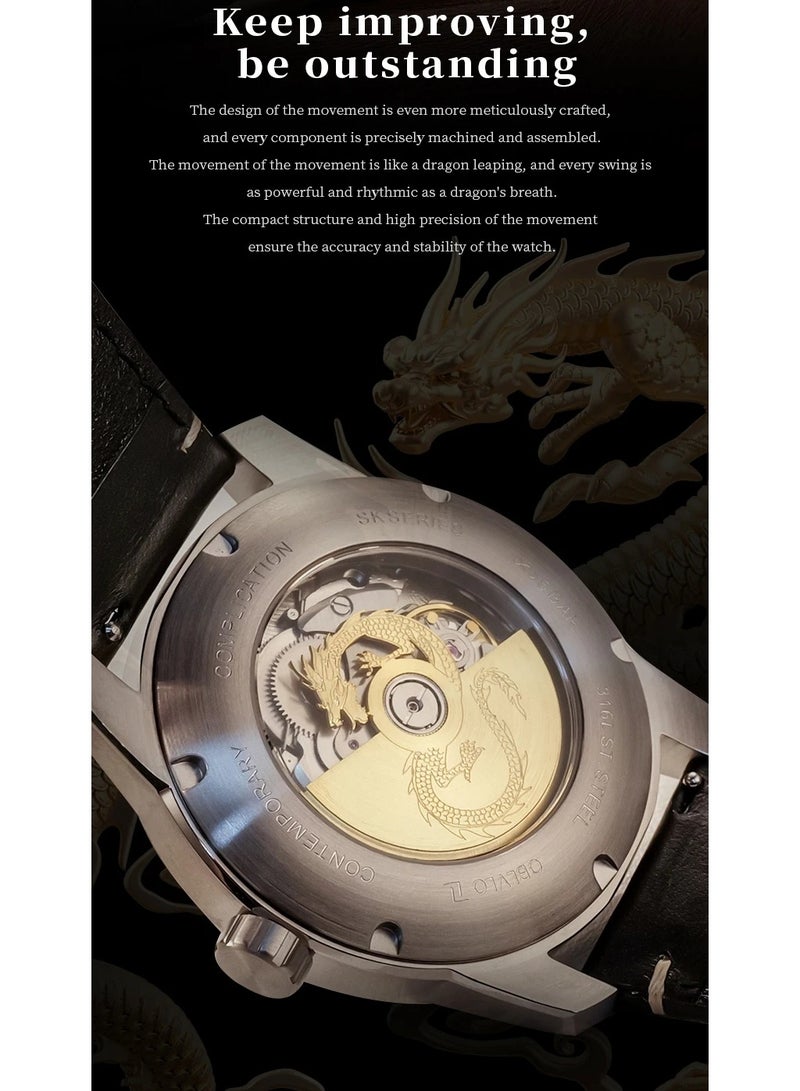 Men's Automatic Wristwatch with Dragon Design Double Wheels Luminous and Waterproof Stainless Steel