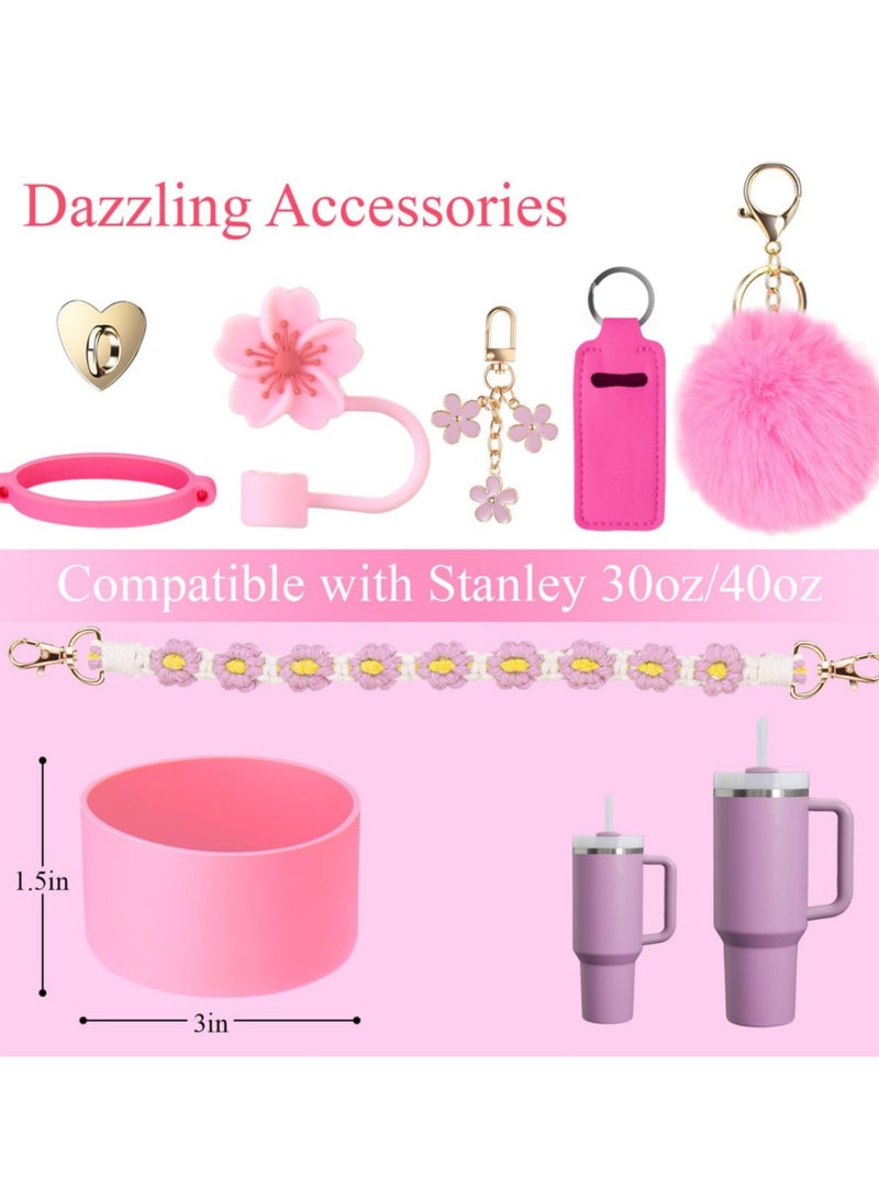 8Pcs Cup Accessories for Stanley Cup 40 & 30oz Tumbler with Handle, 1Pcs Water Bottle Handle Strap, Chapstick Holder, Boot, Keychain Charms, Straw Topper Cap for Stanley Cup Accessories,White