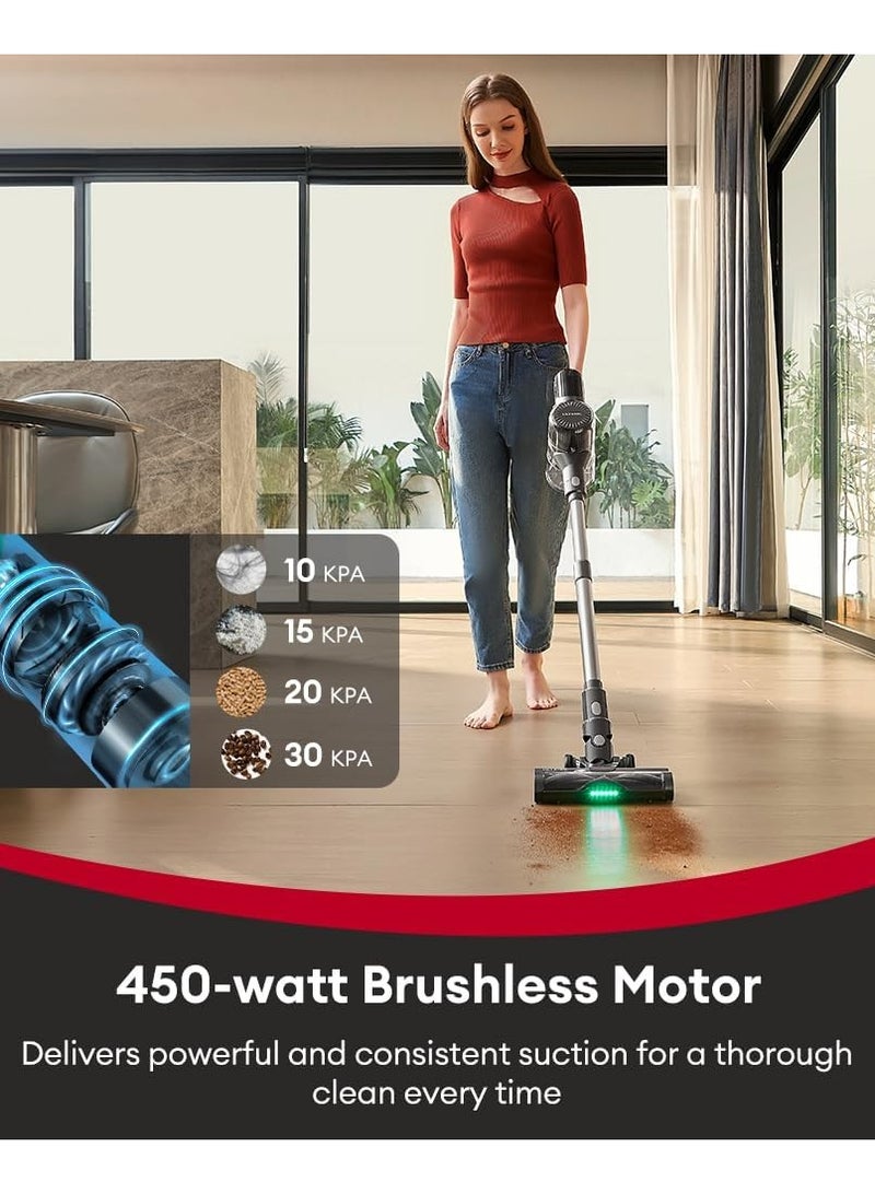 U12 Vesla Cordless Vacuum Cleaner, 30Kpa Stick Vacuum Cleaner with Powerful Suction, Automotive Design Dashboard, 450W up to 45 Mins, Tangle-Free Brush for Pet Hair Hard Floor Carpet