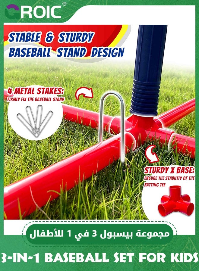 Baseball Set for Kids, 3-in-1 Tee Ball Set for Toddlers Includes Batting Tee Ball Stand, Ball Launcher, Hanging Tee and 6 Softballs, Kids Sport Toys Outdoor/Indoor Gift for Boys Girls