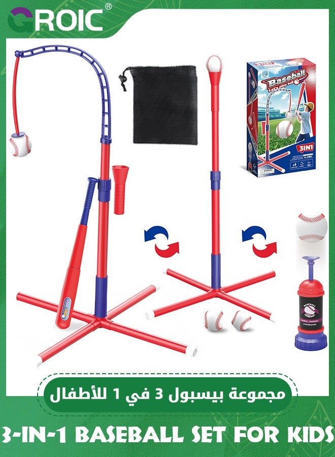 Baseball Set for Kids, 3-in-1 Tee Ball Set for Toddlers Includes Batting Tee Ball Stand, Ball Launcher, Hanging Tee and 6 Softballs, Kids Sport Toys Outdoor/Indoor Gift for Boys Girls