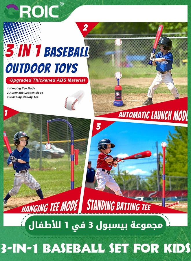 Baseball Set for Kids, 3-in-1 Tee Ball Set for Toddlers Includes Batting Tee Ball Stand, Ball Launcher, Hanging Tee and 6 Softballs, Kids Sport Toys Outdoor/Indoor Gift for Boys Girls