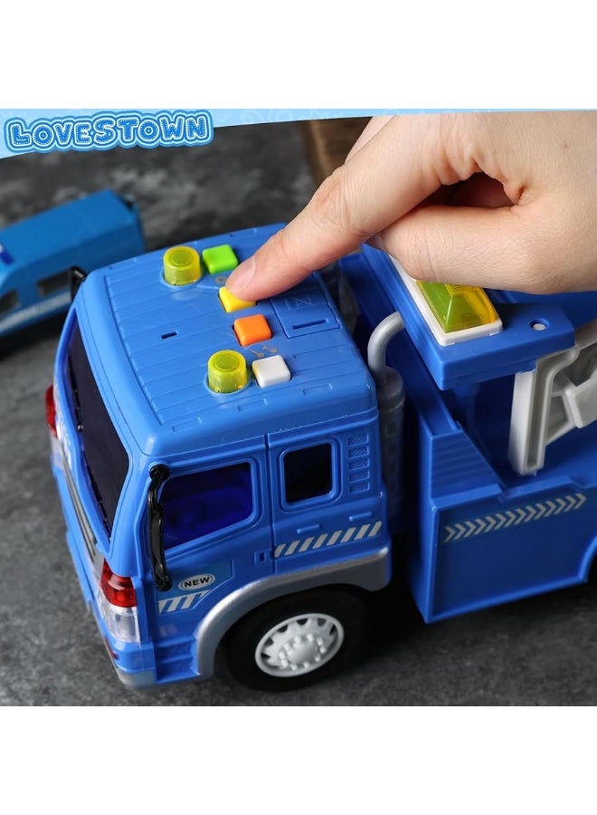 LovesTown 5PCS Blue Truck Toy Set, Tow Truck with Lights and Sounds and Small Die-cast Toy Trucks Police Wrecker Truck Set for Kids Birthday Present