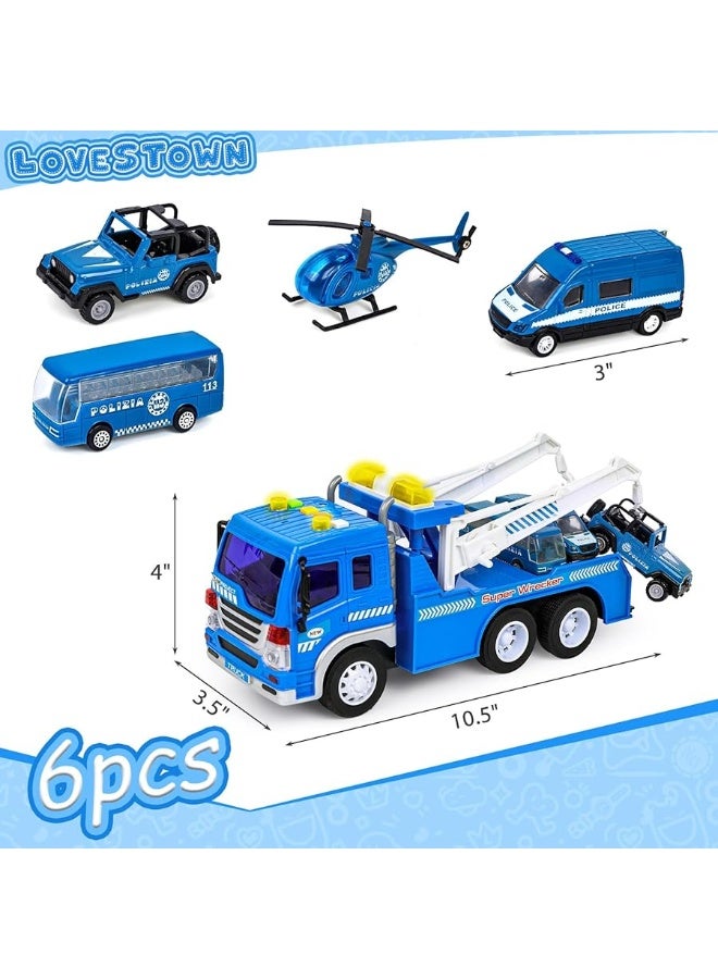 LovesTown 5PCS Blue Truck Toy Set, Tow Truck with Lights and Sounds and Small Die-cast Toy Trucks Police Wrecker Truck Set for Kids Birthday Present