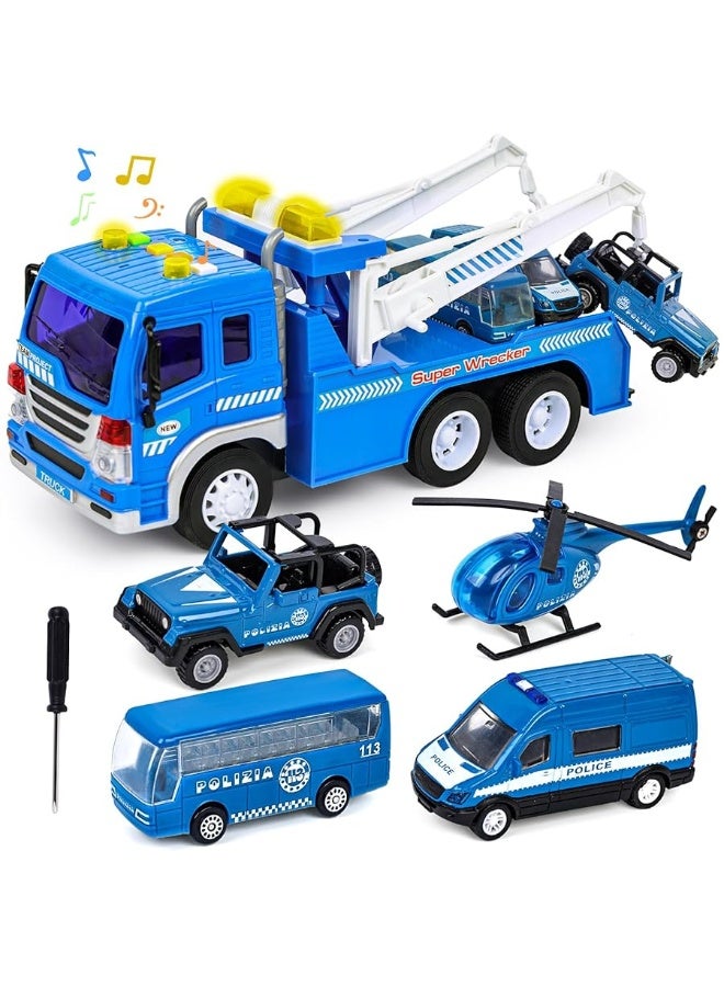 LovesTown 5PCS Blue Truck Toy Set, Tow Truck with Lights and Sounds and Small Die-cast Toy Trucks Police Wrecker Truck Set for Kids Birthday Present