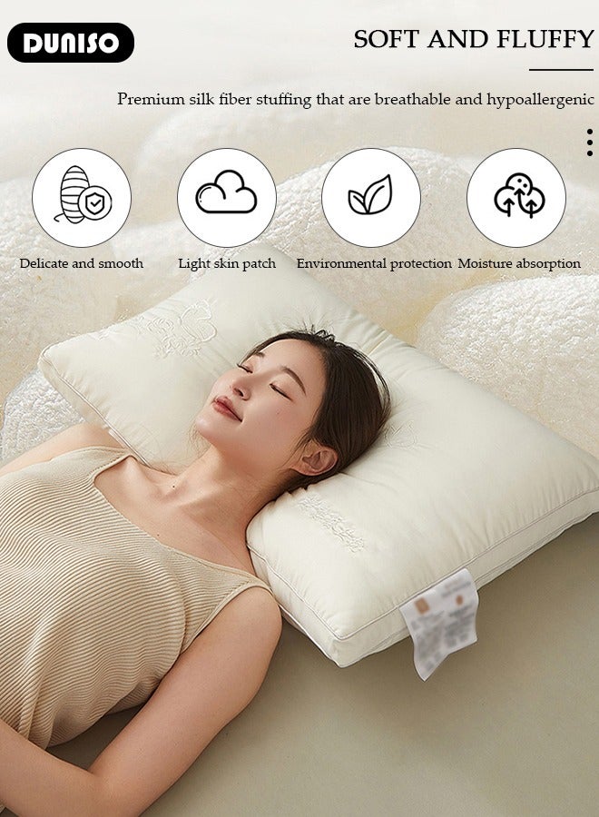 1 PCS Super Comfort Bed Pillow, High Rebound Sleep Pillow for Neck Shoulder Pain Relief, Washable Embroidered Silk Pillow for Side, Back & Stomach Sleepers