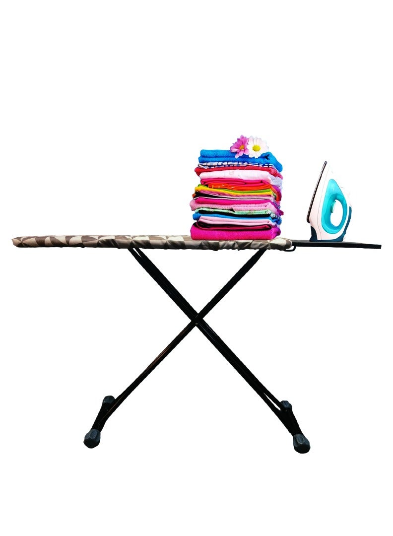 Heat-Resistant Ironing Board with Steam Iron Rest, Non-Slip Foldable Stand, Adjustable Height, Sturdy Black Metal Frame,Modern Geometric Brown & White Triangular Pattern Cover, Space-Saving Design, 153x90x39cm