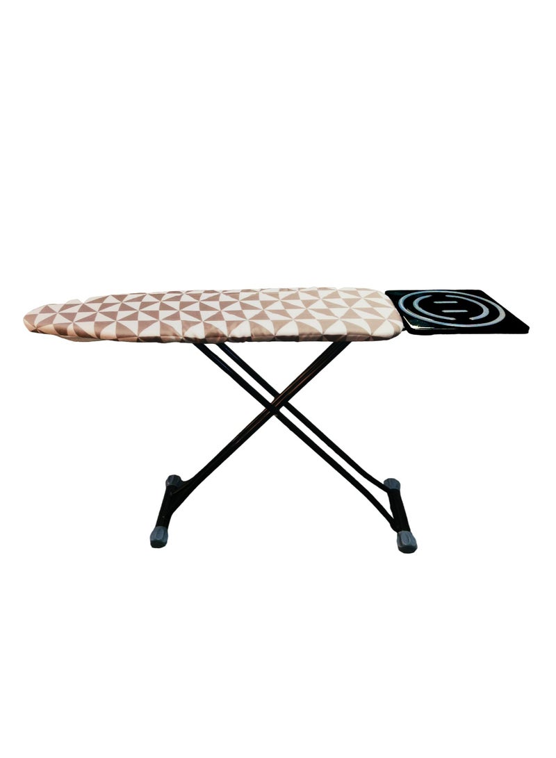 Heat-Resistant Ironing Board with Steam Iron Rest, Non-Slip Foldable Stand, Adjustable Height, Sturdy Black Metal Frame,Modern Geometric Brown & White Triangular Pattern Cover, Space-Saving Design, 153x90x39cm