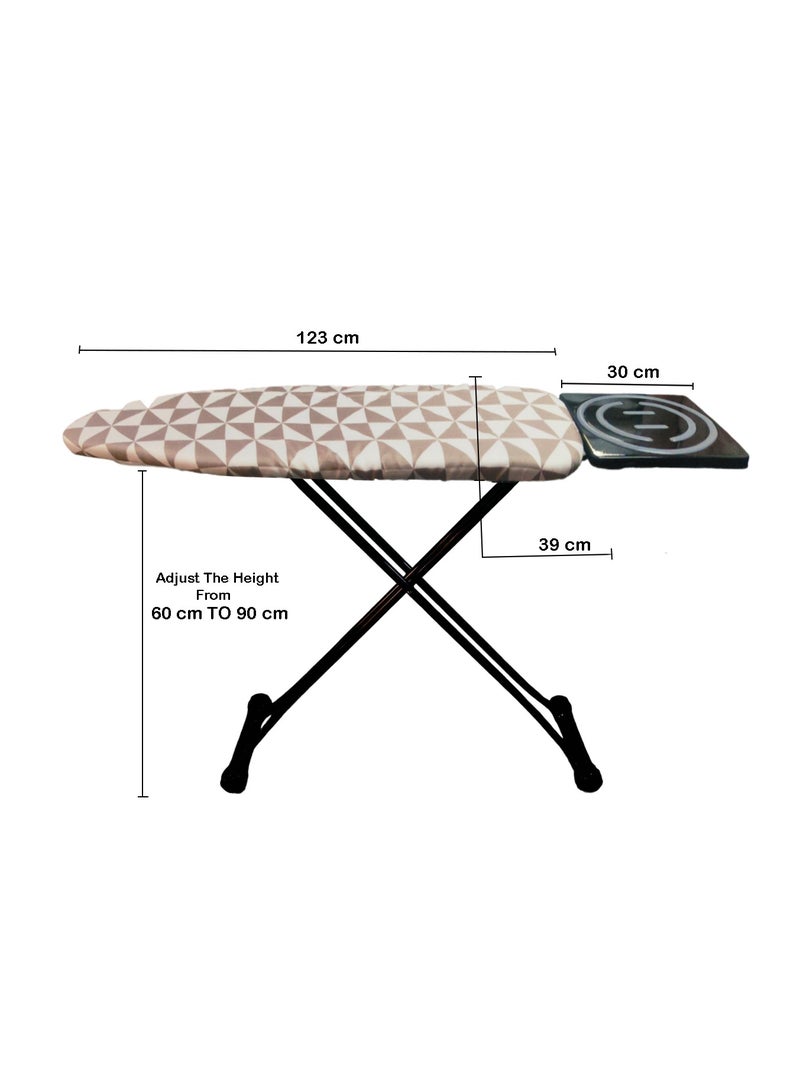 Heat-Resistant Ironing Board with Steam Iron Rest, Non-Slip Foldable Stand, Adjustable Height, Sturdy Black Metal Frame,Modern Geometric Brown & White Triangular Pattern Cover, Space-Saving Design, 153x90x39cm