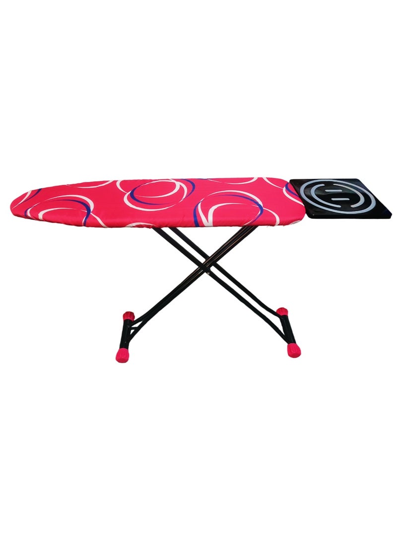 Heat-Resistant Ironing Board with Steam Iron Rest, Non-Slip Foldable Stand, Adjustable Height, Sturdy Black Metal Frame, Vibrant Red Cover with Dynamic White and Blue Circular Patterns, Space-Saving Design,153x90x39cm