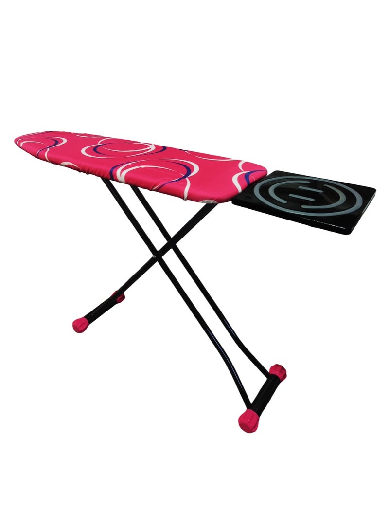 Heat-Resistant Ironing Board with Steam Iron Rest, Non-Slip Foldable Stand, Adjustable Height, Sturdy Black Metal Frame, Vibrant Red Cover with Dynamic White and Blue Circular Patterns, Space-Saving Design,153x90x39cm