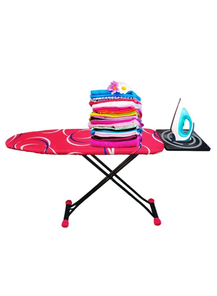 Heat-Resistant Ironing Board with Steam Iron Rest, Non-Slip Foldable Stand, Adjustable Height, Sturdy Black Metal Frame, Vibrant Red Cover with Dynamic White and Blue Circular Patterns, Space-Saving Design,153x90x39cm