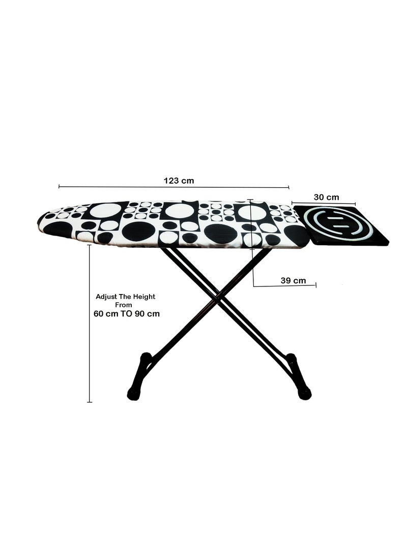 Heat-Resistant Ironing Board with Steam Iron Rest, Non-Slip Foldable Stand, Adjustable Height, Sturdy Black Metal Frame, 48x15 cm – Modern Black-and-White Geometric Cover with Circle Patterns, Space-Saving Design,153x90x39cm