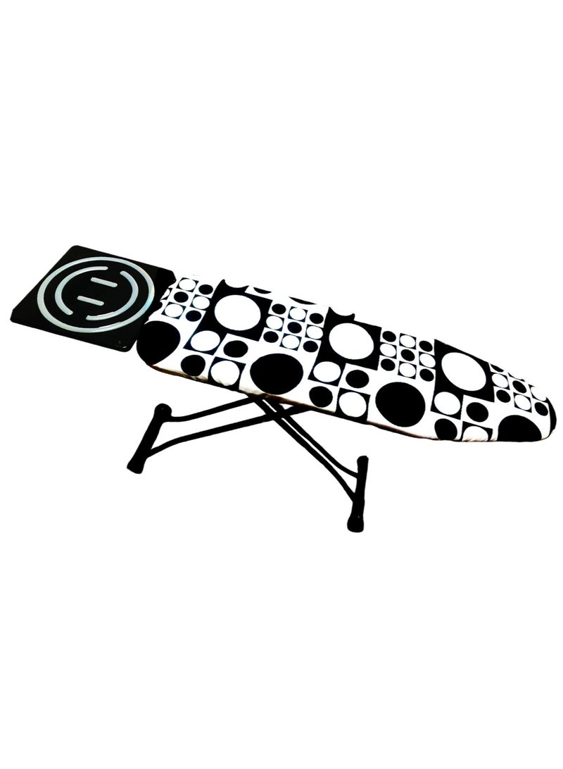 Heat-Resistant Ironing Board with Steam Iron Rest, Non-Slip Foldable Stand, Adjustable Height, Sturdy Black Metal Frame, 48x15 cm – Modern Black-and-White Geometric Cover with Circle Patterns, Space-Saving Design,153x90x39cm