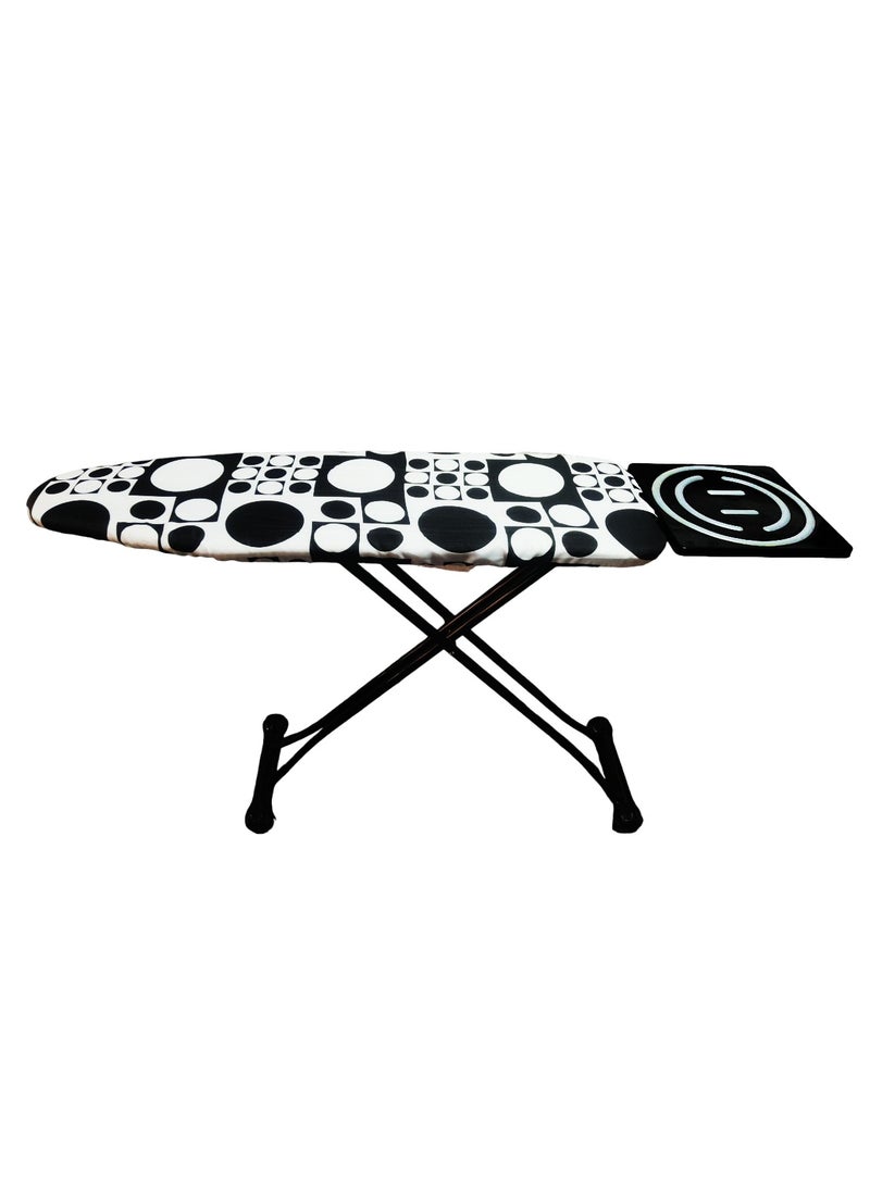 Heat-Resistant Ironing Board with Steam Iron Rest, Non-Slip Foldable Stand, Adjustable Height, Sturdy Black Metal Frame,Modern Black-and-White Geometric Cover with Circle Patterns, Space-Saving Design,129x90x33cm