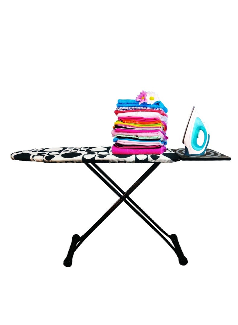 Heat-Resistant Ironing Board with Steam Iron Rest, Non-Slip Foldable Stand, Adjustable Height, Sturdy Black Metal Frame,Modern Black-and-White Geometric Cover with Circle Patterns, Space-Saving Design,129x90x33cm