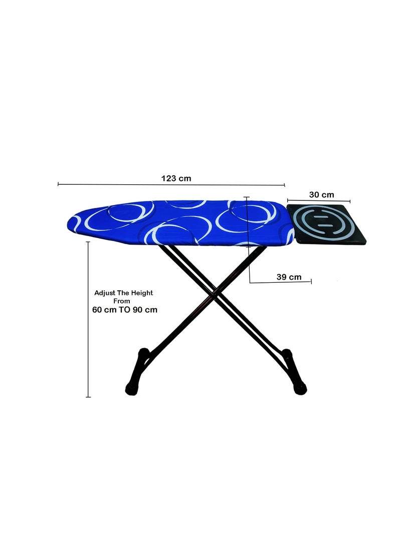 Heat-Resistant Ironing Board with Steam Iron Rest, Non-Slip Foldable Stand, Adjustable Height, Sturdy Black Metal Frame,Vibrant Blue Cover with White Circular Patterns, Space-Saving Modern Design,153x90x39cm