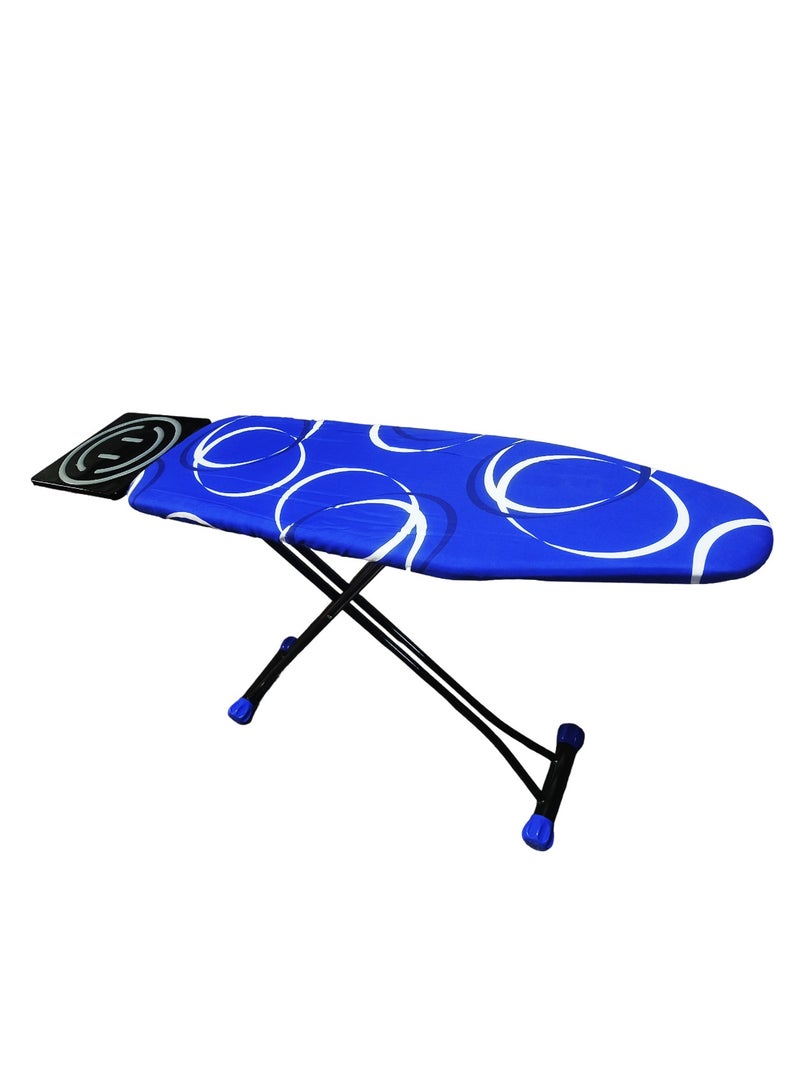 Heat-Resistant Ironing Board with Steam Iron Rest, Non-Slip Foldable Stand, Adjustable Height, Sturdy Black Metal Frame,Vibrant Blue Cover with White Circular Patterns, Space-Saving Modern Design,153x90x39cm