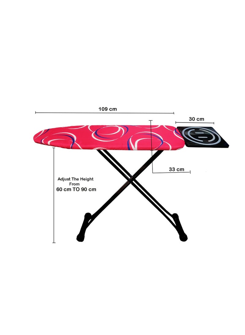 Heat-Resistant Ironing Board with Steam Iron Rest, Non-Slip Foldable Stand, Adjustable Height, Sturdy Black Metal Frame,Vibrant Red Cover with Dynamic White and Blue Circular Patterns, Space-Saving Design,129x90x33cm