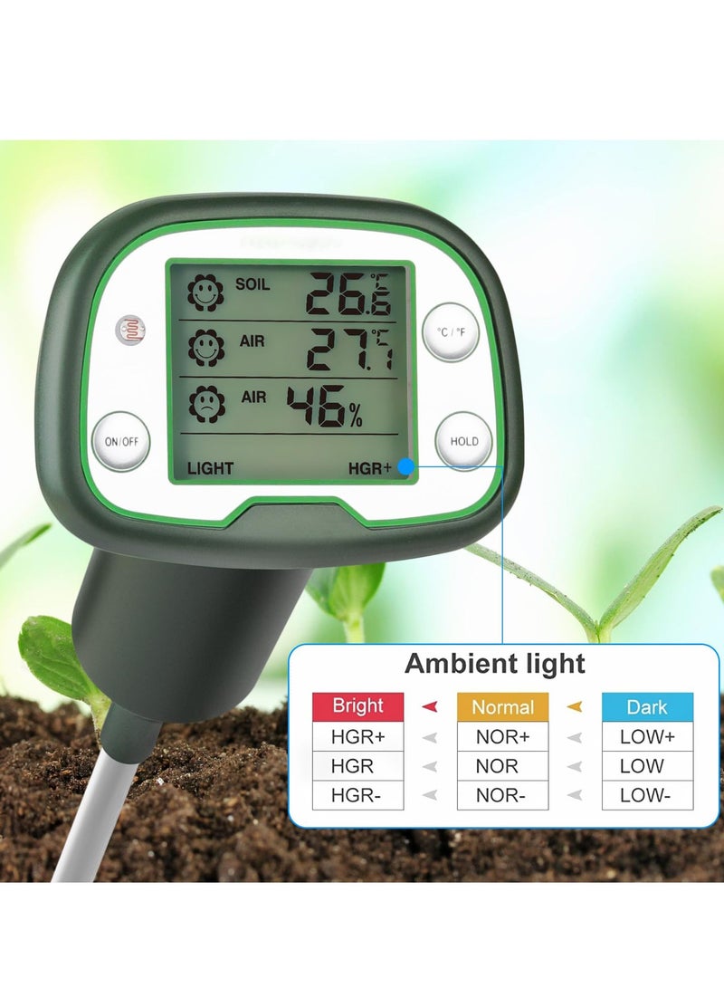 Digital Soil Thermometer, 4-in-1 Soil Tester Soil Thermometer/Light/Air Temperature/Air Humidity Meter Digital Soil/Plant Environment Survey Instrument Sunlight Tester Plant Monitor
