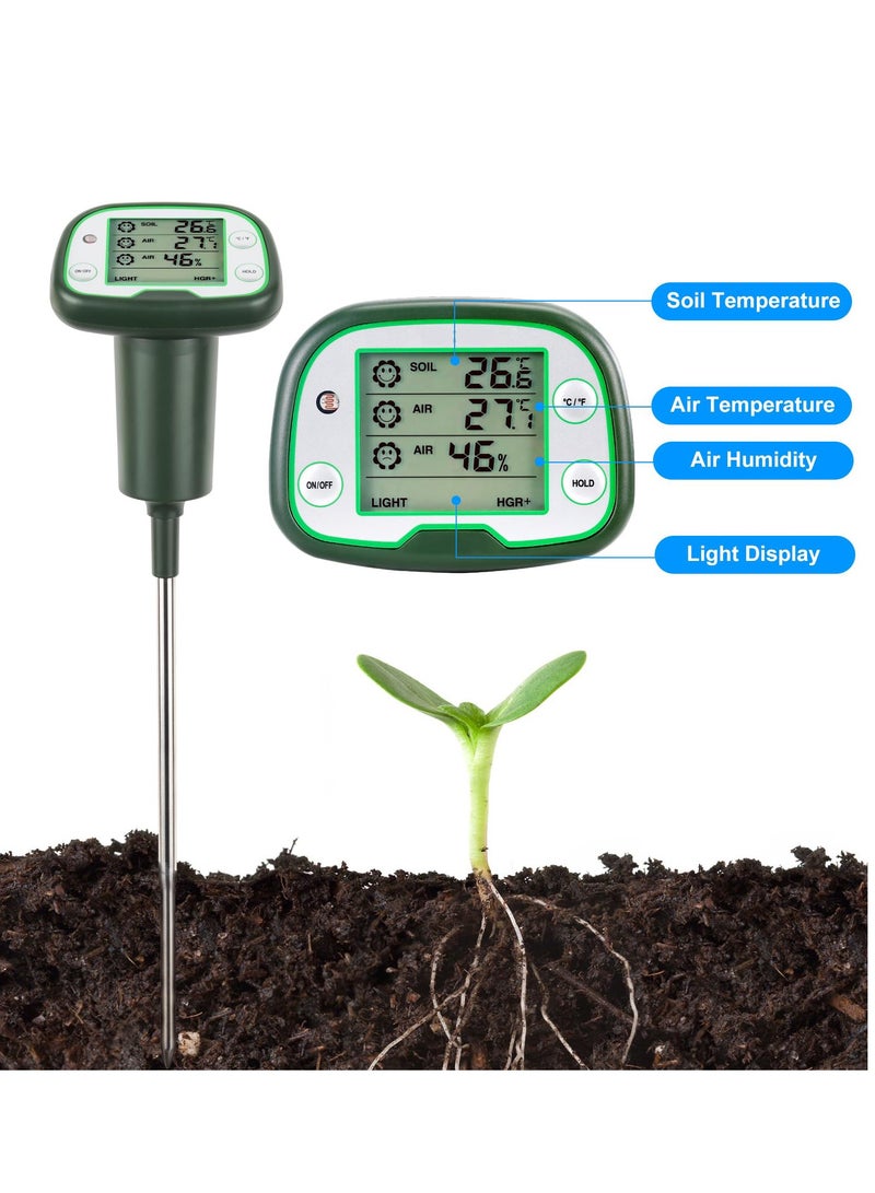 Digital Soil Thermometer, 4-in-1 Soil Tester Soil Thermometer/Light/Air Temperature/Air Humidity Meter Digital Soil/Plant Environment Survey Instrument Sunlight Tester Plant Monitor