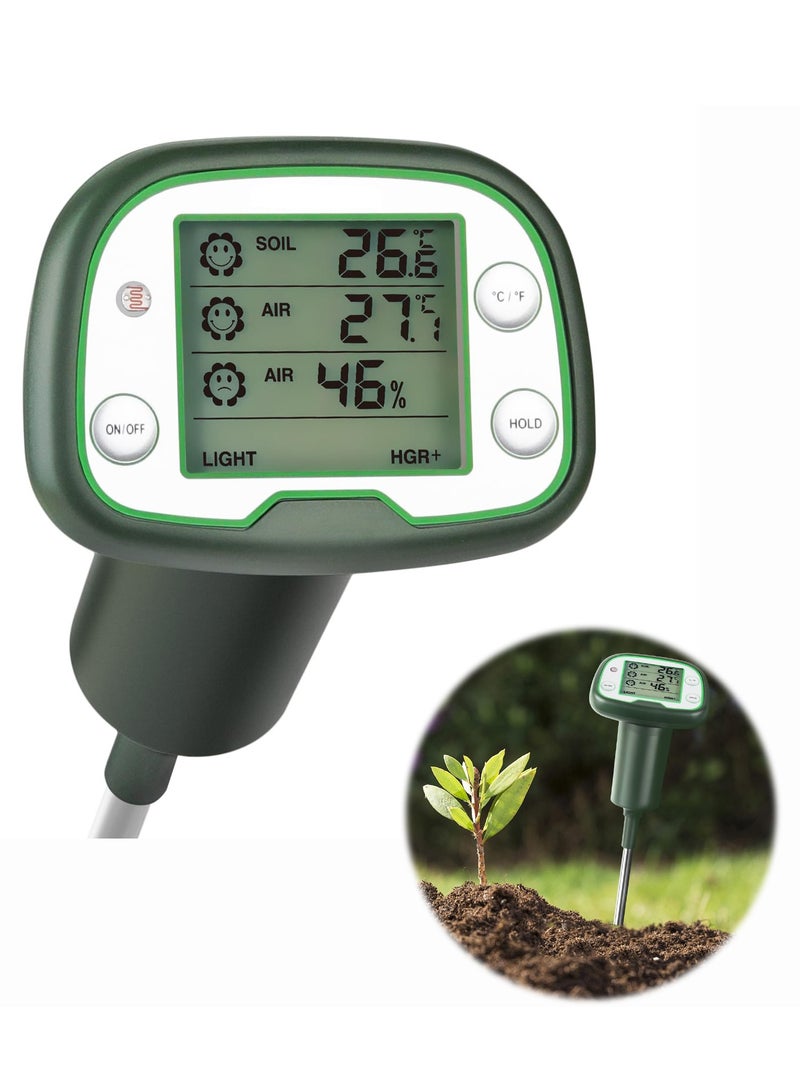 Digital Soil Thermometer, 4-in-1 Soil Tester Soil Thermometer/Light/Air Temperature/Air Humidity Meter Digital Soil/Plant Environment Survey Instrument Sunlight Tester Plant Monitor