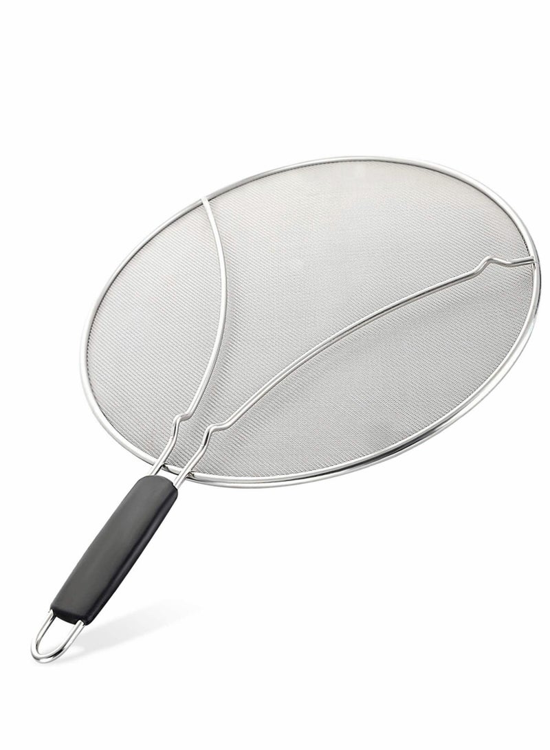 Grease Splatter Screen for Frying Pan, Splatter Guard with Silicone Handle, Stops 99% Hot Oil Splash, Stainless Steel Fine Mesh Oil Shield with Resting Feet and Keeps Kitchen Clean