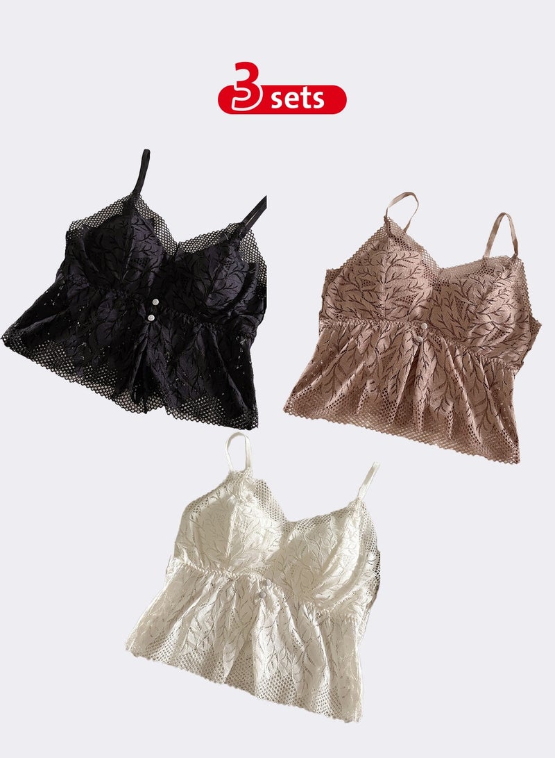 3-Pack Lace Detail Crop Top with Bra Straps in Black, White, and Beige