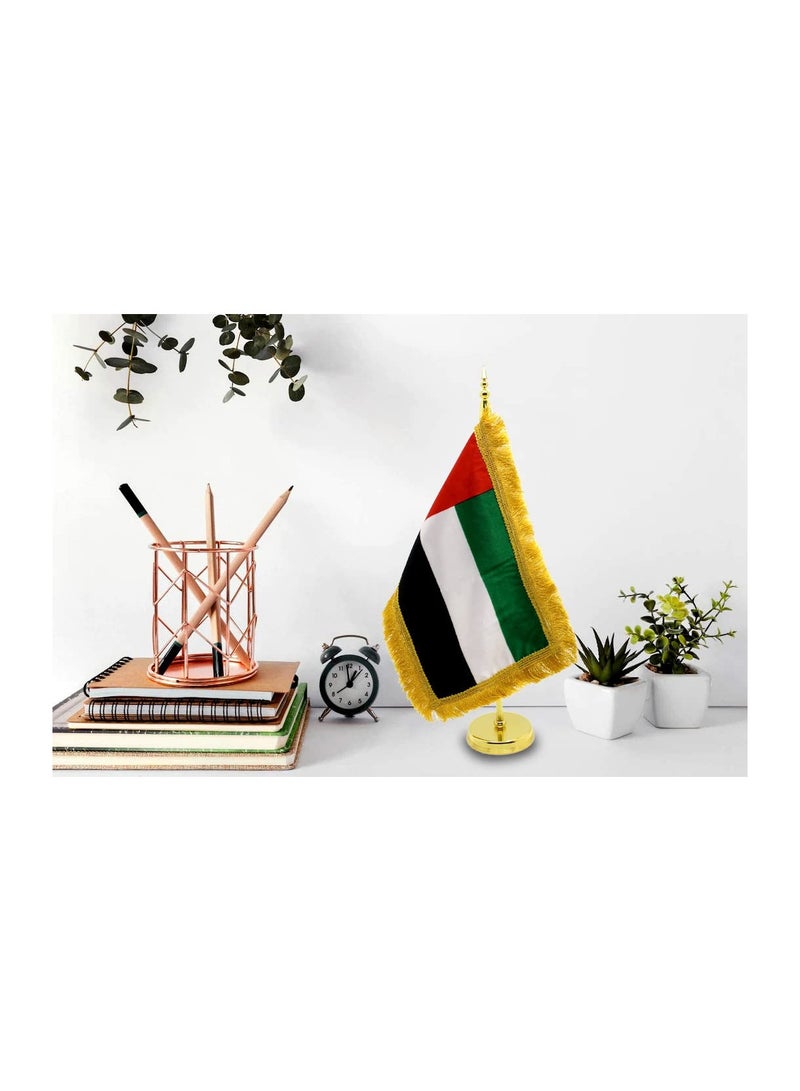 UAE Metal Table Flag Stand–Durable Flagpole Holder For Office,Home,Desk,Or Events Conference Table Decoration–Mini Flags Pole Holder-Metal Flag Stand For Schools