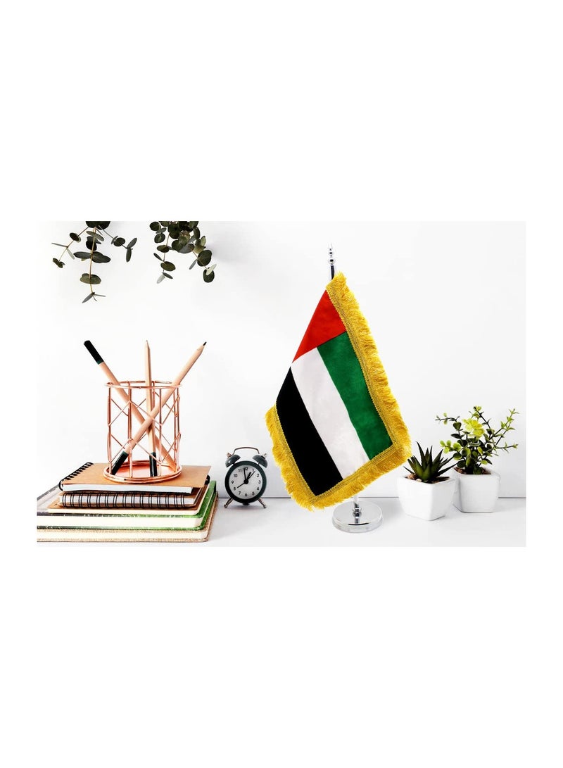 UAE Metal Table Flag Stand–Durable Flagpole Holder For Office,Home,Desk,Or Events Conference Table Decoration–Mini Flags Pole Holder-Silver Metal Flag Stand For Schools