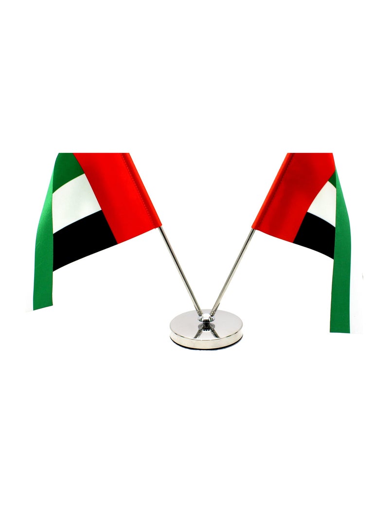 UAE Metal Table Flag Stand–Height Adjustable Flagpole Holder For Office, Home,Desk,Or Events Conference Table Decoration–V Shape Double Mini Flags Pole Holder-Metal Flag Stand For Schools