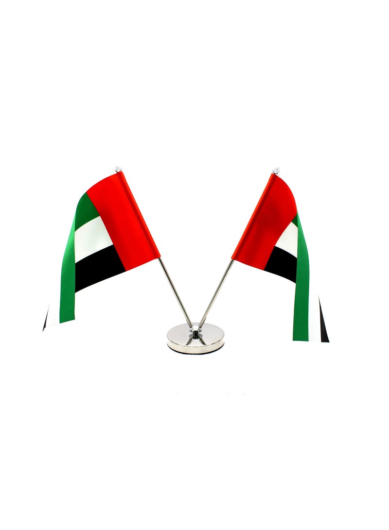 UAE Metal Table Flag Stand–Height Adjustable Flagpole Holder For Office, Home,Desk,Or Events Conference Table Decoration–V Shape Double Mini Flags Pole Holder-Metal Flag Stand For Schools