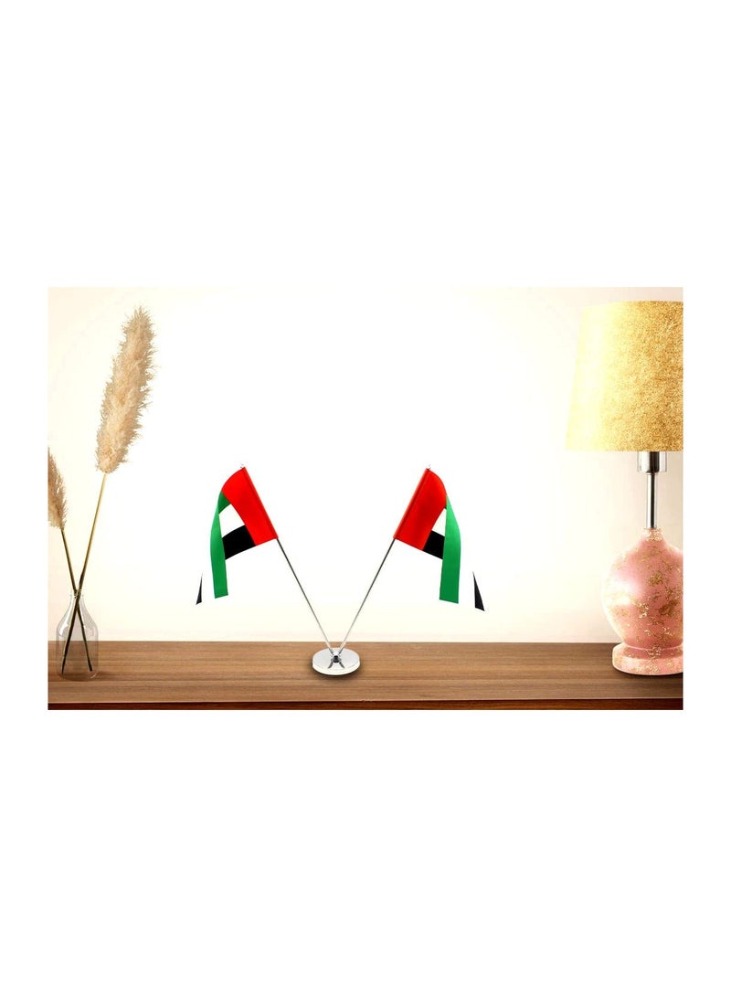 UAE Metal Table Flag Stand–Height Adjustable Flagpole Holder For Office, Home,Desk,Or Events Conference Table Decoration–V Shape Double Mini Flags Pole Holder-Metal Flag Stand For Schools