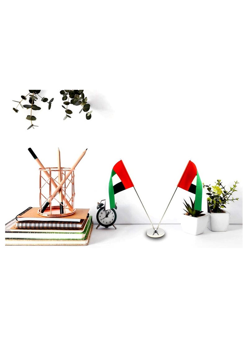 UAE Metal Table Flag Stand–Height Adjustable Flagpole Holder For Office, Home,Desk,Or Events Conference Table Decoration–V Shape Double Mini Flags Pole Holder-Metal Flag Stand For Schools