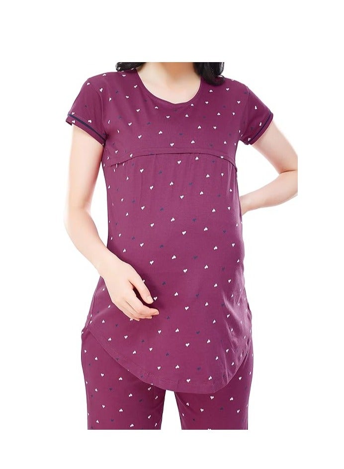 ZEYO Women's Cotton Heart Printed Maternity & Feeding Relaxed Night Suit Set Of Top & Pyjama Nursing Night Dress 5327